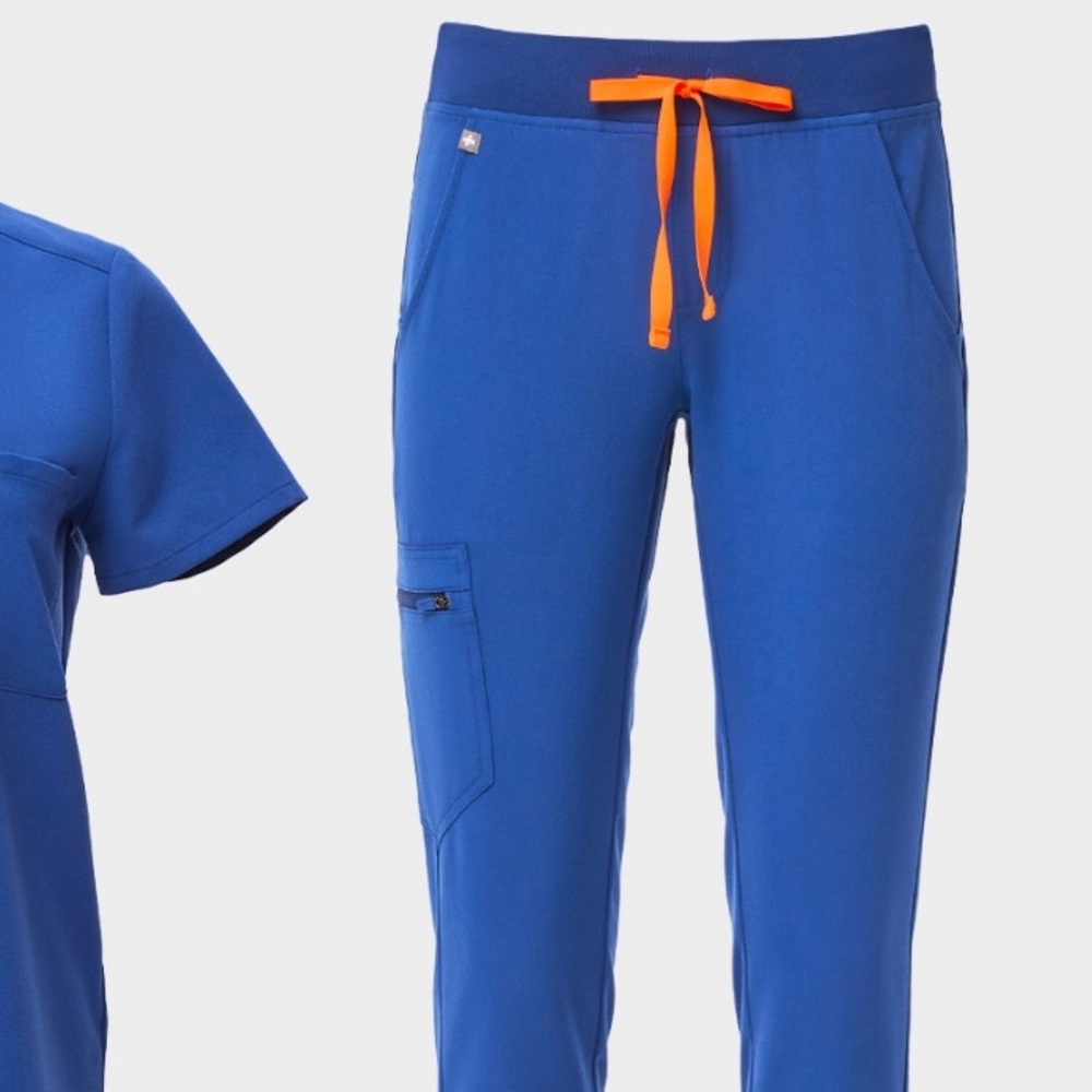Figs Royal Blue Scrub Pants with Orange Drawstring